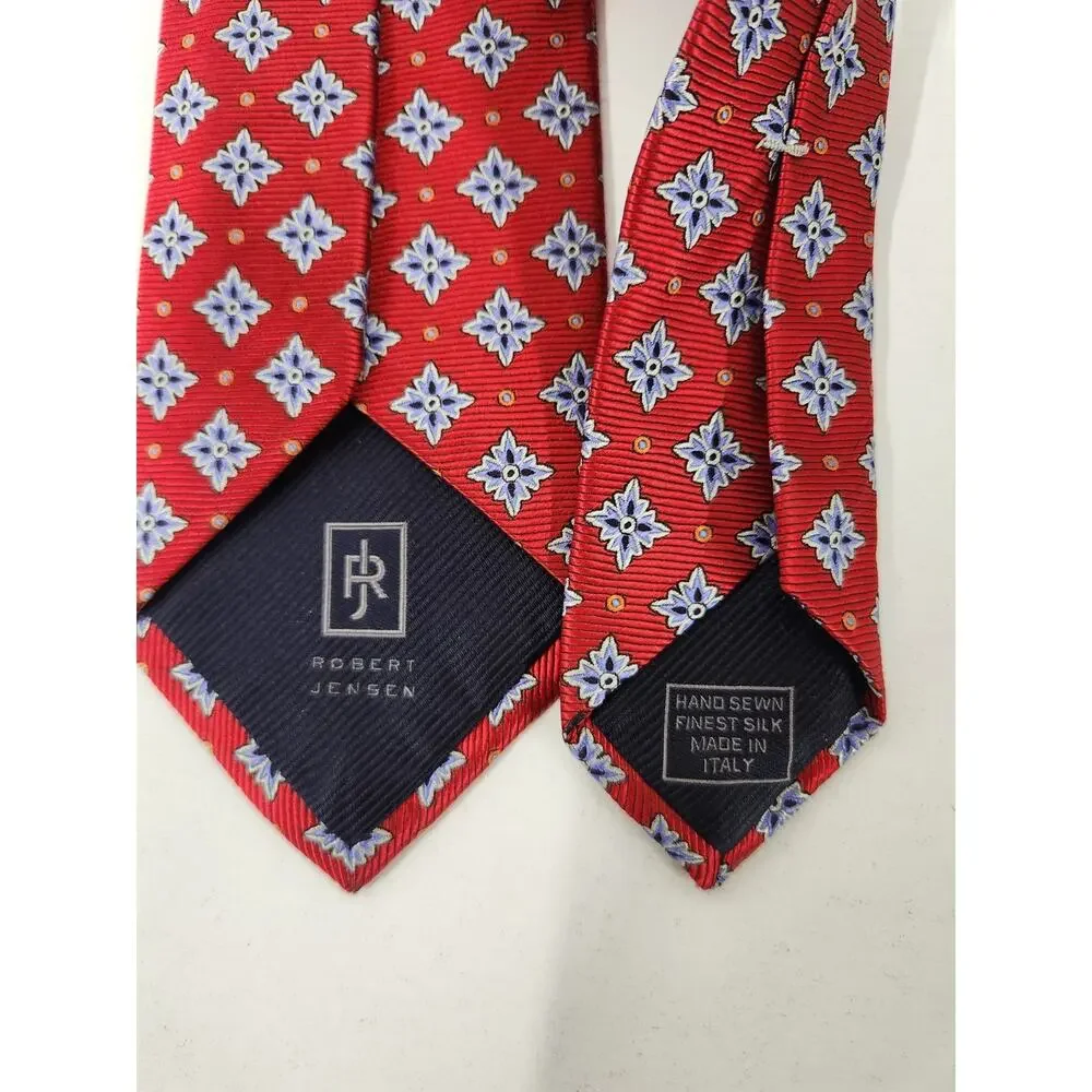 Robert Jensen Had Sewn Finest Silk Men's Tie, Italy Made In Red & Blue Geometric